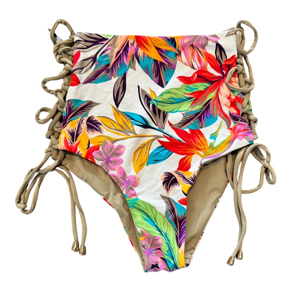 High-Waisted Tropical Floral Bikini Bottoms - Multi/Beige